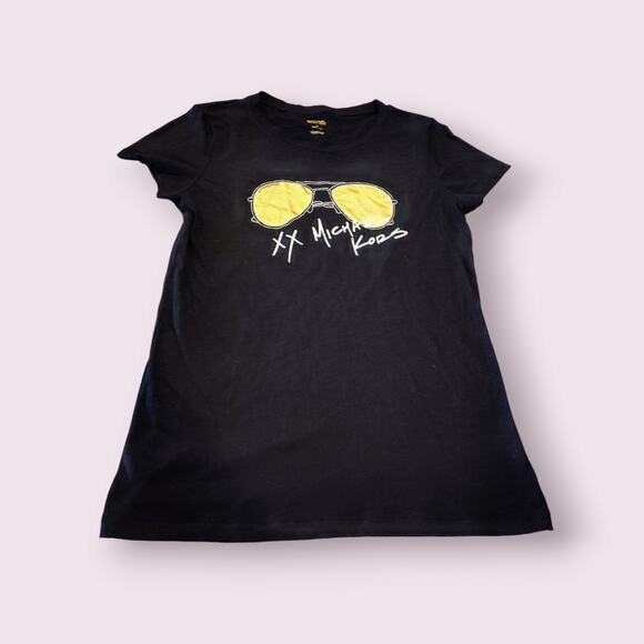 Michael Kors Logo Aviator Glasses T-Shirt Women's Medium Fitted Black Gold‎ - Picture 1 of 5